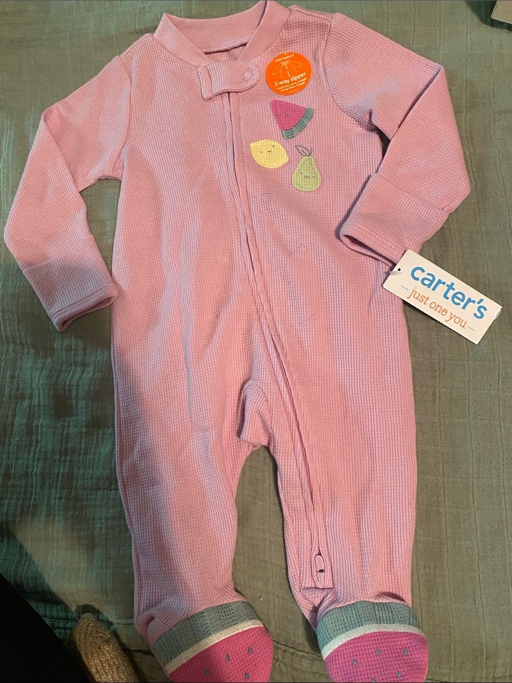 Carter's Pink Waffle-Knit Footed One-Piece with Fruit Appliqués